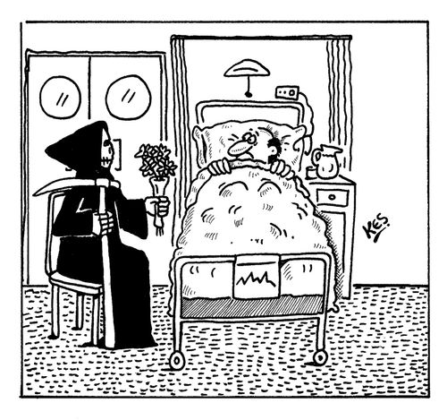 The Grim Reaper visits an alarmed looking man in hospital bed.