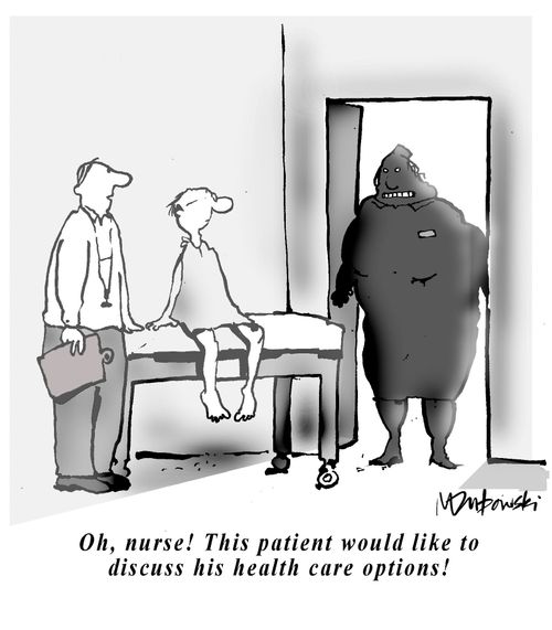 'Oh nurse, this patient wants discuss his health care options.'
