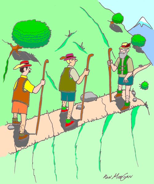 Men with short left legs meet man with short right leg on sloping mountain path.