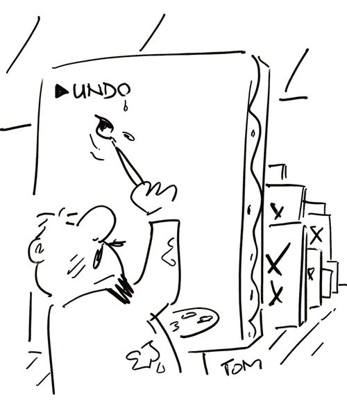 Artist paints UNDO icon onto canvas.