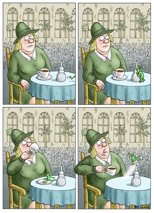 Little alien steals teacup saucer.