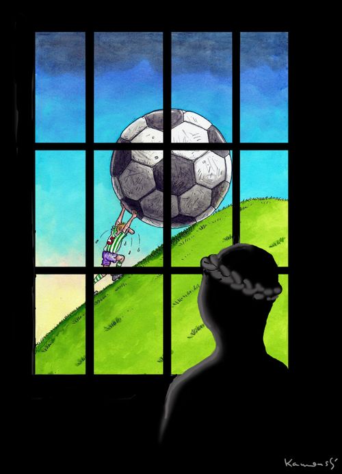 Woman looks out of her prison window at a man engaged in a Sisyphean task.