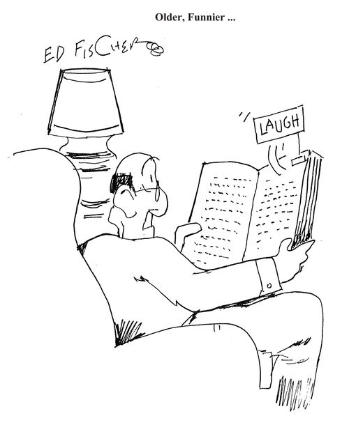 Man reads a book with a pop out 'Laugh'.