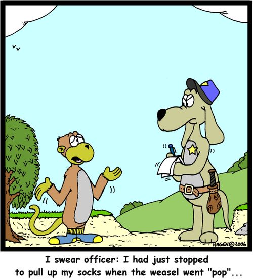 'I swear officer: I had just stopped to pull up my socks when the weasel went 'pop'...'