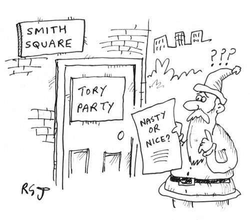Father Christmas deciding whether the Tory Party are naughty or nice.