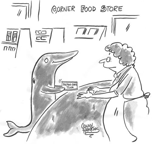 Dolphin buying dolphin-safe tuna.