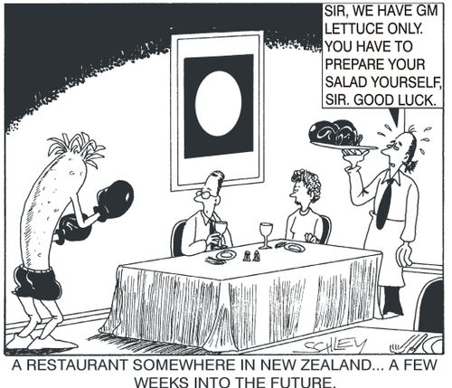 New Zealand restaurants of the future - Sir, we only have GM lettuce. You'll have to prepare your salad yourself. 