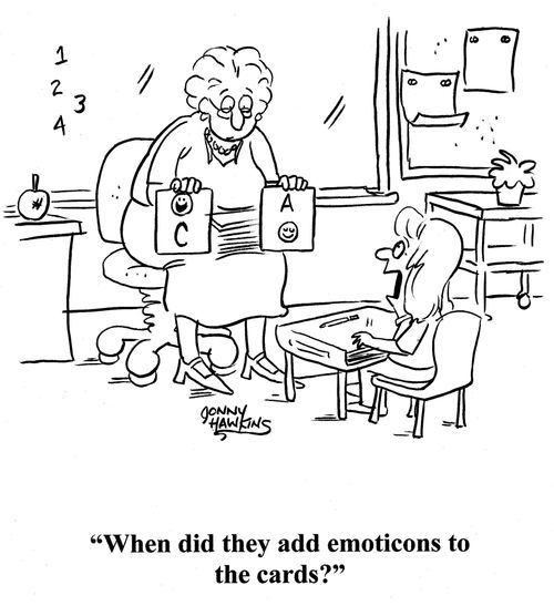 Student to teacher about flash cards: 'When did they add emoticons to the cards?'