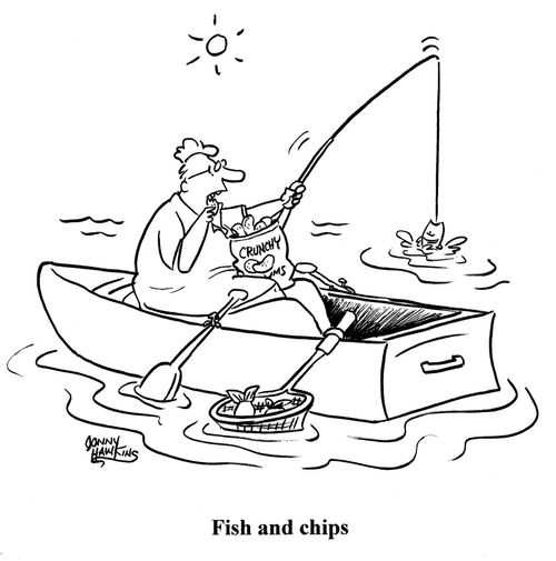 Man fishing and eating potato chips Title: 'Fish and Chips'