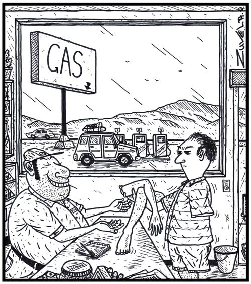 A customer angry about the cost of gas costing an arm and a leg, handing over his arm and a leg to a greedy gas station owner.