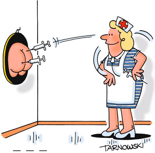Nurse playing darts with syringes.