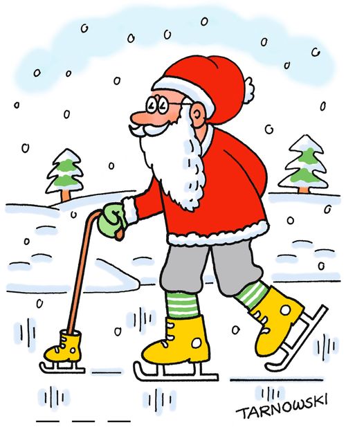 Old man with an ice skate on his walking stick (colour).
