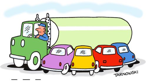 Cars suckling at a petrol tanker.