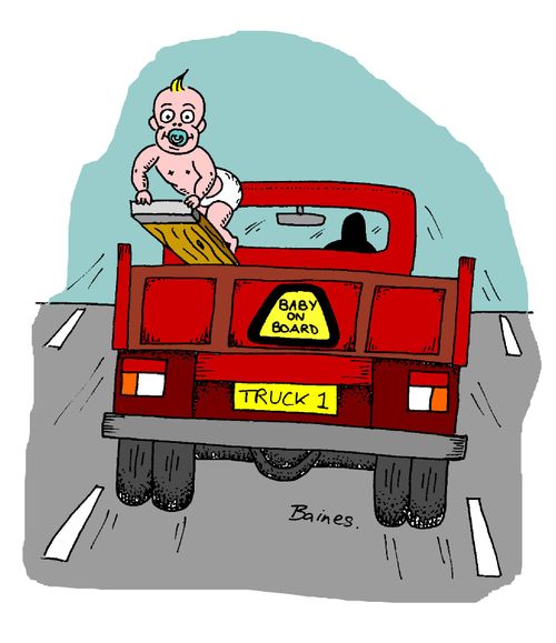 'Baby on board' sticker on back of truck