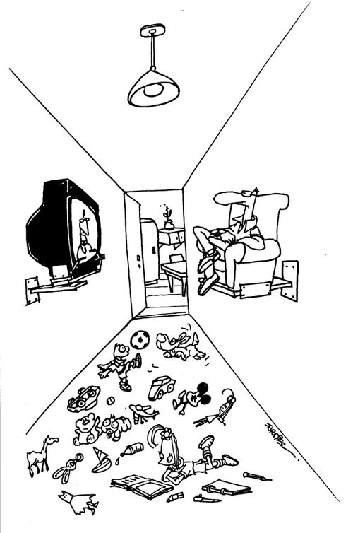 Mounted TV set with Dad in a mounted armchair above the mess of his children on the floor