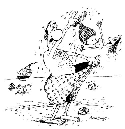 Man retrives a mermaid from his swimming trunks after a swim in the sea