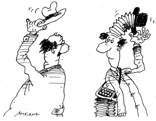 Two men lifting their hats to each other, one has an Accordion under his hat