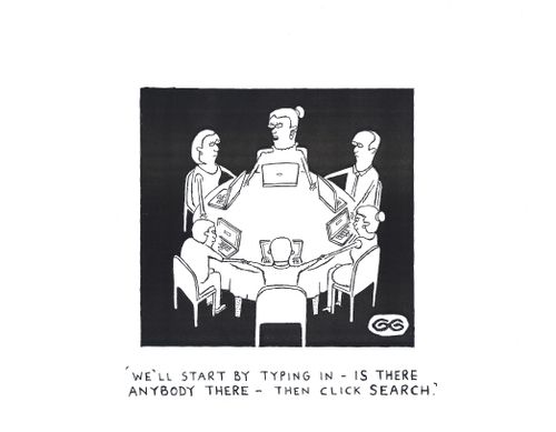 "We'll start by typing in - IS THERE ANYBODY THERE - then click SEARCH" (Modern day seance using laptops)