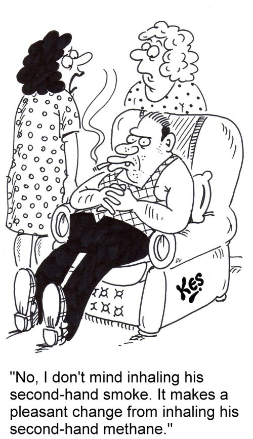 "No, I don't mind inhaling his second-hand smoke. It makes a pleasant change from his second-hand methane."