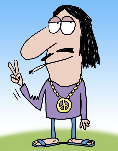 Old hippie gives peace sign.