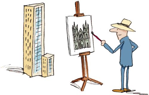 Artist painting a modern building as a gothic cathedral.