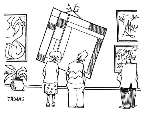 People with tilted heads looking at crooked art gallery painting