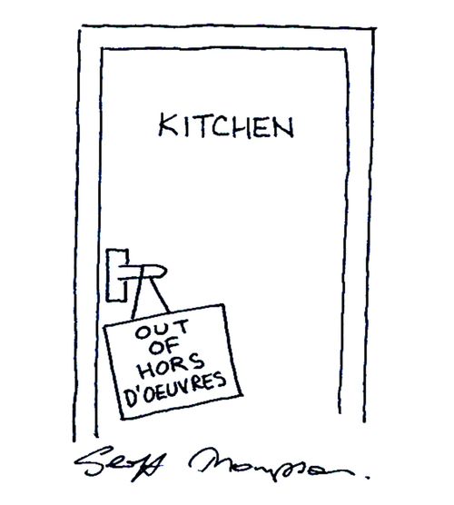 Kitchen - Sign reads 'Out of Hors D'Oeuvres.'