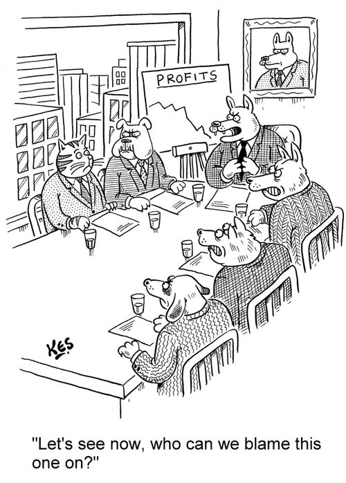 'Let's see now, who can we blame this one on?'