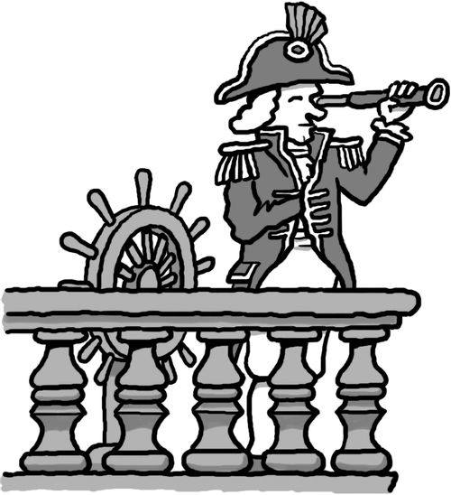 Horatio Nelson on deck looking through telescope.