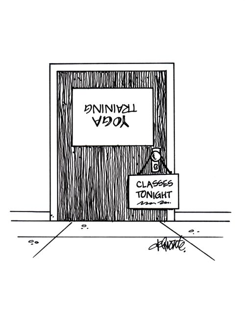 Sign on the door of the yoga class is upside down.