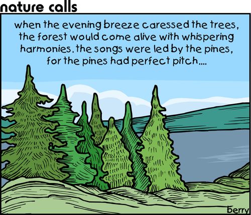 'When the evening breeze caressed the trees, the forest would come alive with whispering harmonies, the songs were led by the pines, for the pines had perfect pitch...'