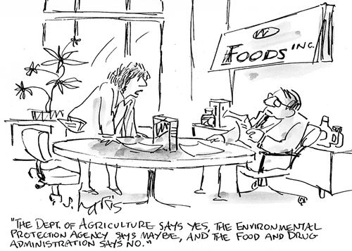 'The dept. of agriculture says yes, the environmental protection agency says maybe, and the food and drug administration says no.'