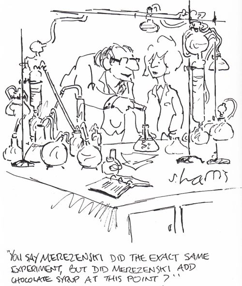 'You say Merezenski did the exact same experiment, but did Merezenski add chocolate syrup at this point?'