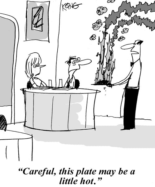 'Careful, this plate may be a little hot.'