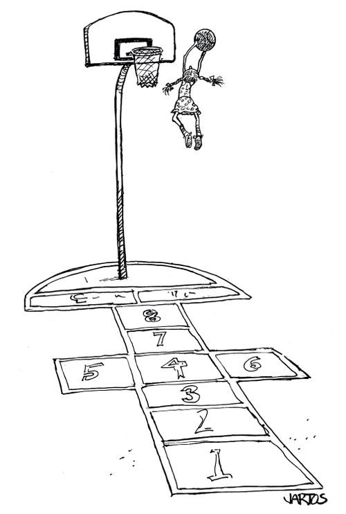 Hopscotch leading to a basketball hoop.