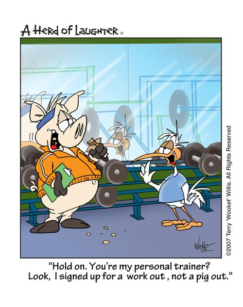 'Hold on. You're my personal trainer? Look, I signed out for a work out, not a pig out.'