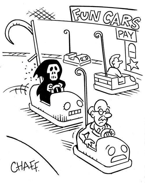 Death chasing an old man on bumper cars.