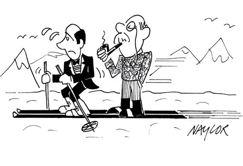 Rich man getting ride on servant's skis.