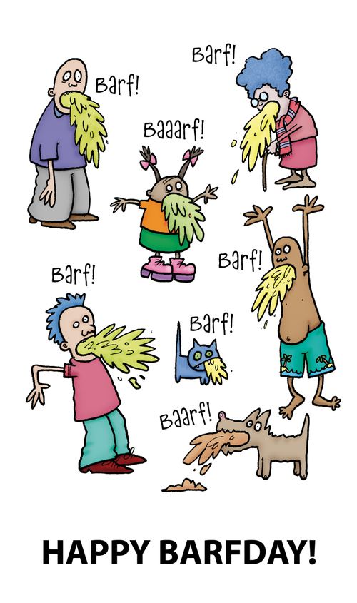 A collection of 'barfing' (vomiting) people and animals. End caption reads 'Happy Barfday'