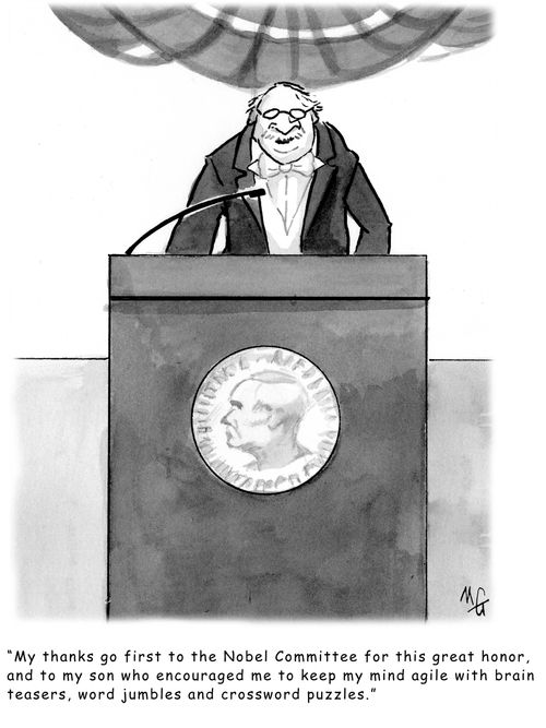 'My thanks go first to the Nobel Committee for this great honor, and to my son who encouraged me to keep my mind agile with word games, and puzzles.'