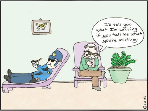 'Tell you what, I'll tell you what I'm writing if you tell me what you're writing.'