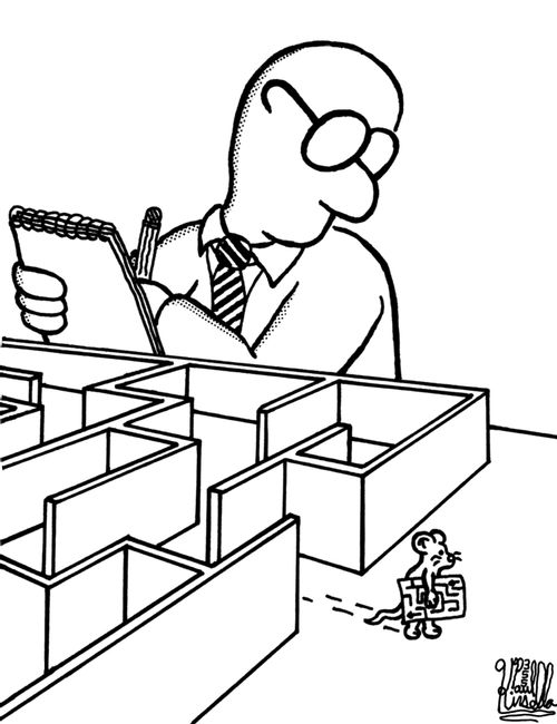 Mouse with map exiting maze.