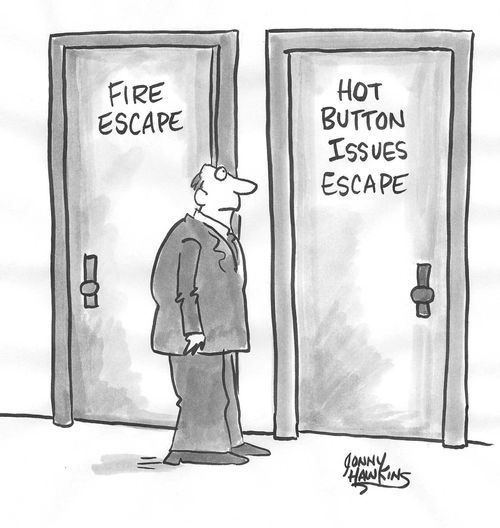 Man at Fire Escape sees door with 'Hot Button Issues Escape',
