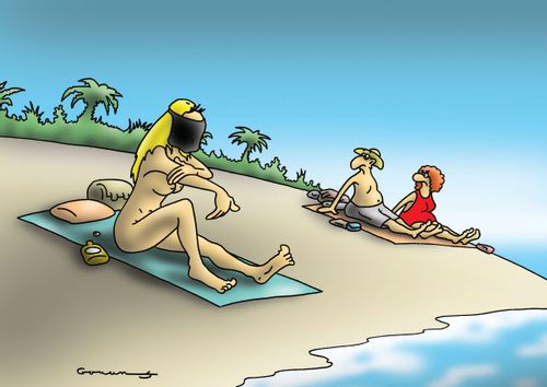 False Modesty: Naked sunbathing woman wears a veil.