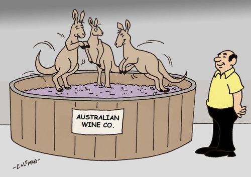 kangaroos hopping around in a vat of grapes to make wine for Australian wine company.