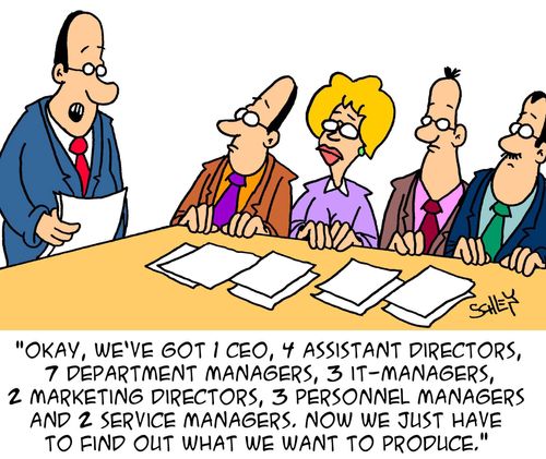 'Okay, we've got 1 CEO, 4 assistant directors, 7 department managers, 3 IT-managers, 2 marketing directors, 3 personnel managers and 2 service managers. Now we just have to find out what we want to produce.'