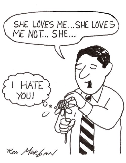 As man pulls petals from flower to determine if girlfriend loves him or not, flower thinks: I hate you.