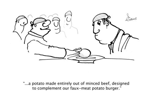 'A potato made entirely out of minced beef, designed to complement out faux-meat potato burger.'