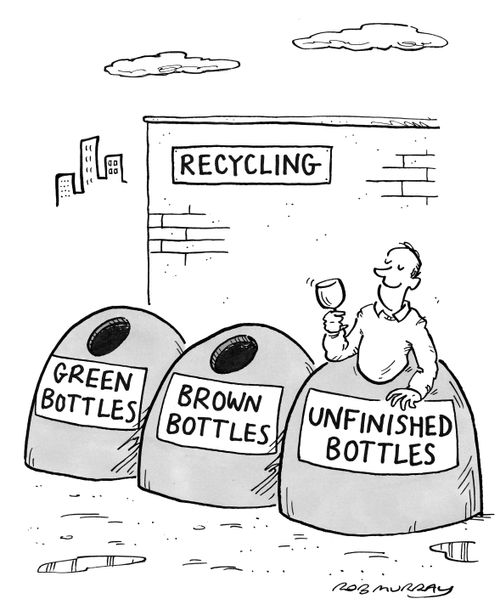 A wine enthusiast takes advantage of recycling system.