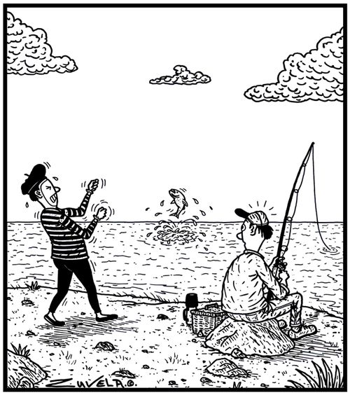 A mime artist catching a fish.